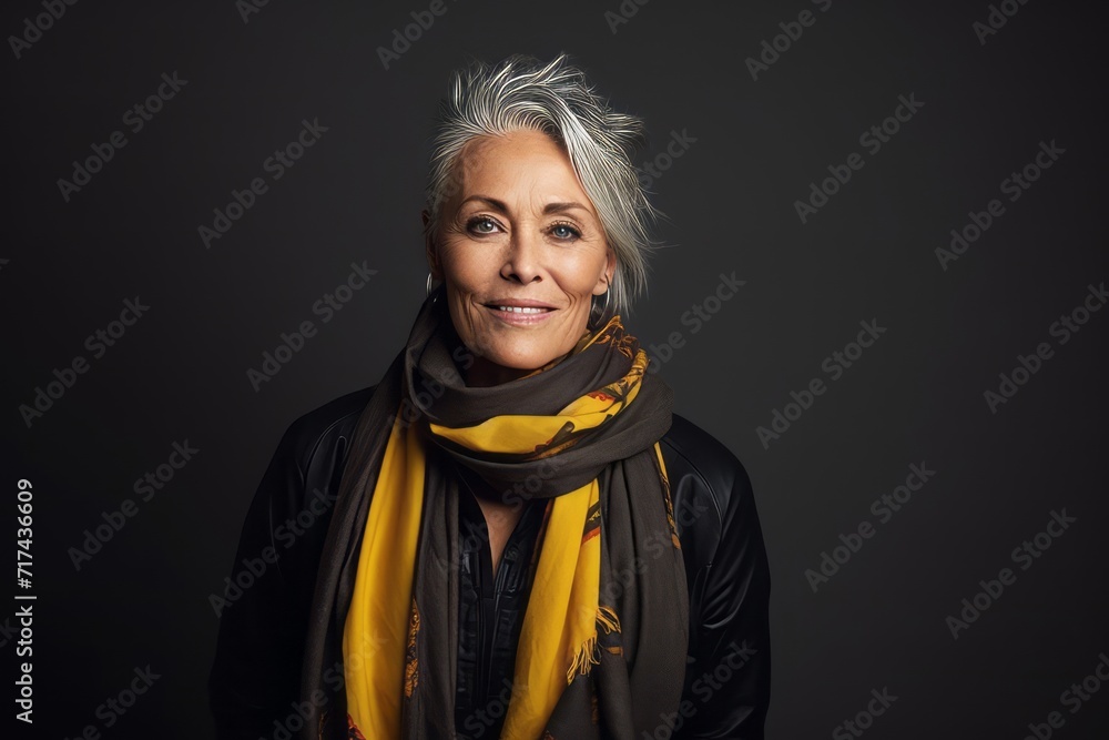 Wall mural Portrait of a happy senior woman in scarf over dark background.