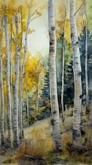 forest few trees bench aspen grove background masterful heavy birch flowing rhythms layered paper golden hues