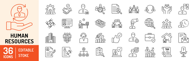 Human resources editable stroke outline icons set. Recruitment, employment, support, office, management, resume, job, teamwork and business. Vector illustration