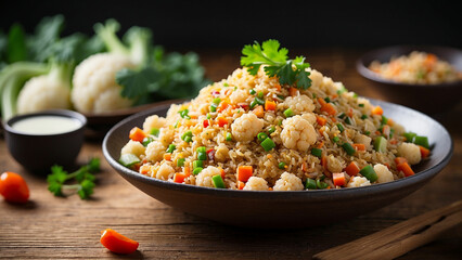 image featuring cauliflower fried rice plated on a wooden surface from a side angle with depth of field to draw attention to the textures of the rice and vegetables