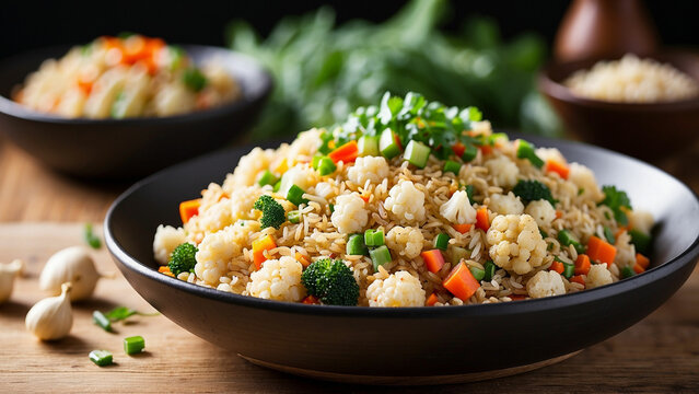 image featuring cauliflower fried rice plated on a wooden surface from a side angle with depth of field to draw attention to the textures of the rice and vegetables