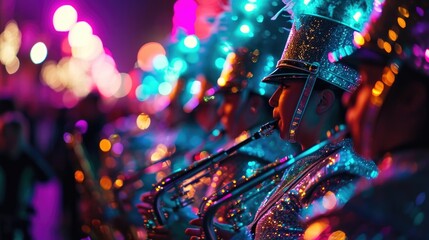 A marching band dressed head to toe in neon colors and glitter leads the way for the parade. - obrazy, fototapety, plakaty