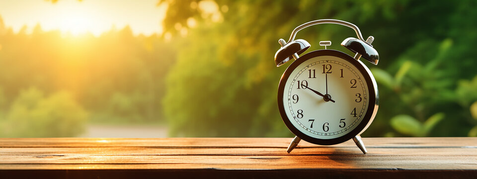 beautiful alarm clock on the wooden table with fresh outdoor environment