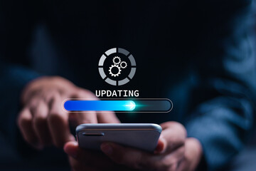 Update concept. Person use smartphone with virtual installing update bar. Software updates or...