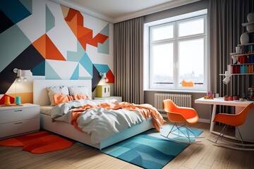A modern and colorful bedroom with a geometric accent wall, a bed with orange bedding, a white nightstand, a bookshelf, and a desk with an orange chair. 