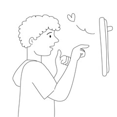 Teen doing self talk with good hand and mirror in self talk concept, hand drawn outline vector cartoon.