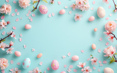 Fototapeta na wymiar Easter eggs and cherry blossoms on pastel blue background with copy space.