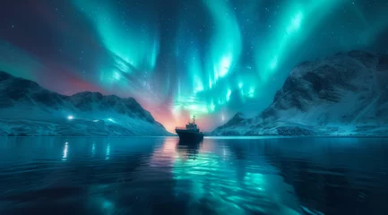 Papier Peint photo Aurores boréales A boat under the green aurora borealis, surrounded by snowy mountains on calm waters, AI generated