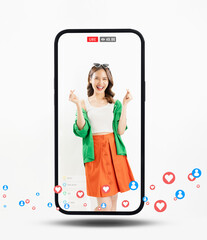 Asia vlogger woman influencer live streaming on smartphone, show sample products Selling things...