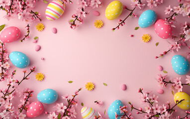 Fototapeta na wymiar Easter eggs and cherry blossoms on pastel pink background with copy space.