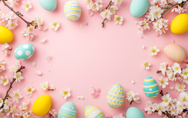 Easter eggs and  cherry blossoms on pastel pink background with copy space.