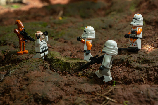 Depok, Indonesia - January 24, 2024: Lego toys photography, 212th clone troopers on battle over red soil during clone wars, bokeh background
