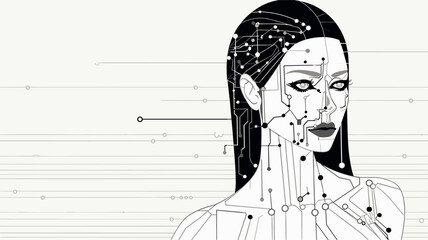 Cybernetic vector scene featuring a humanoid figure merging with lines of code  illustrating the integration of artificial intelligence into the fabric of our digital world. simple minimalist