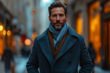 man blue coat scarf standing city street alluring lips short gray hairs chin patriot influencer clothes greybeard