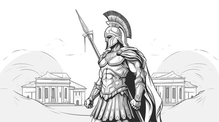 Mythological vector illustration of a Greek hero donned in iconic armor  standing against a backdrop of classical architecture  symbolizing strength and heroism. simple minimalist illustration