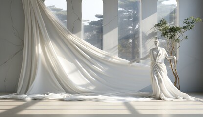 An empty room with statue and a white curtain. Created with AI