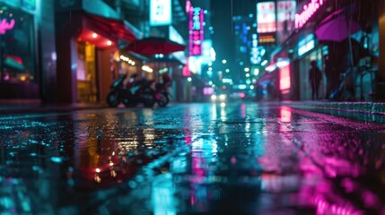 Neon signs reflect off of the rainy streets creating a dreamy and dynamic cityscape timelapse.