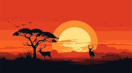 Vector illustration of an African savannah at sunrise  where animal spirits roam freely  embodying the essence of the diverse wildlife in a mystical setting. simple minimalist illustration creative