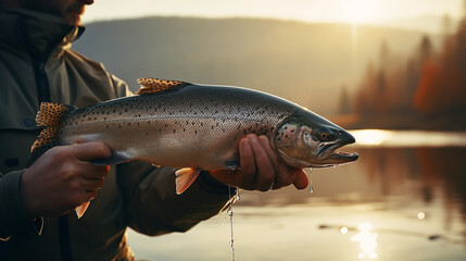 The fisherman holding a trout in hand in lake with mountain backrounds - obrazy, fototapety, plakaty