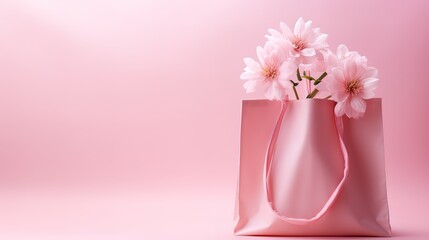 A pink bag with flowers inside is pictured in front of the ping wall. generative ai.
