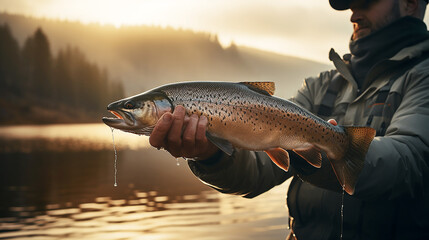 Obraz premium The fisherman holding a trout in hand in lake with mountain backrounds