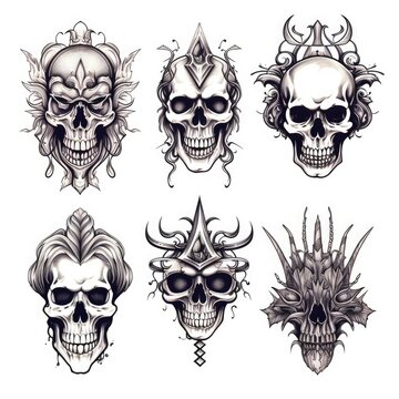 Set of skull tattoo flash, AI generated Image
