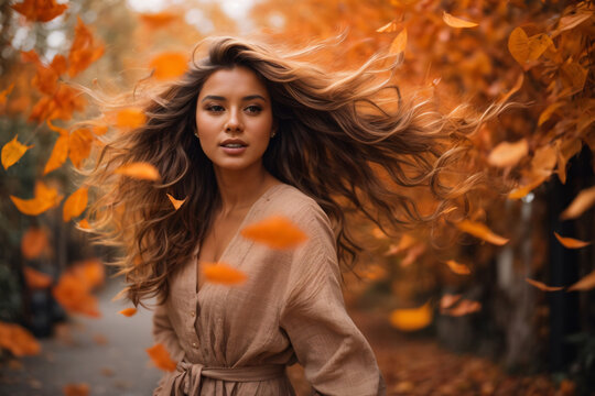 An image of a woman riding on the autumn wind