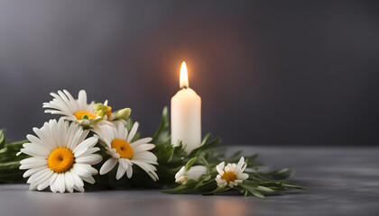 Beautiful daisy and burning candle on dark background 
