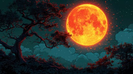 Full Super Moon Behind Tree Branches, Background Banner HD