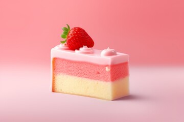 Vanilla Cake Layers with Fresh Strawberry Slices, on pink background, Generative AI