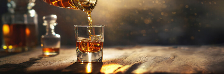 Pouring whiskey from bottle into glass on bar counter, panoramic banner