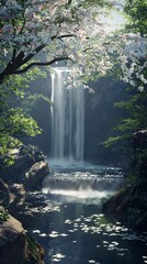 waterfall middle forest tree cherry blossom stands pool deep young top rated landscape heaven streams