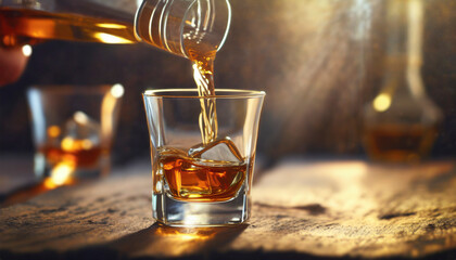 Pouring whiskey from bottle into glass on bar counter