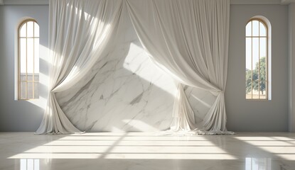 Blank interior with concrete columns white curtains and marble floor. Created with Ai