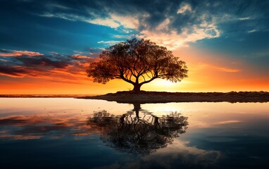 Fototapeta premium A lone tree on an island in the middle of the ocean Surreal Landscape