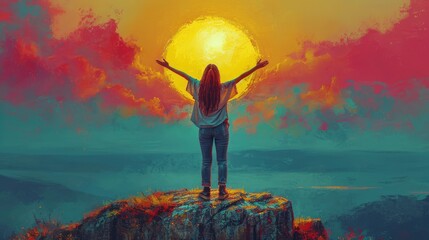 Happy Woman Arms Raised On Rock, Background Banner HD