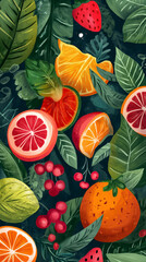 Fruitful Floral Frame: A vibrant and festive vector illustration featuring a background adorned with fruits, berries, and flowers, perfect for holiday cards and summer celebrations