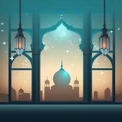 Eid mubarak and ramadan kareem greetings with islamic lantern and mosque. Eid al fitr background