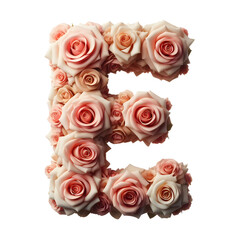 The letter E is made out of rose flowers, the Rose Alphabet, and Valentine Designs, on a White background, isolated on white, photorealistic	
