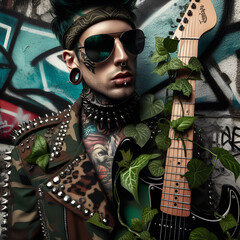 A man blending in with his camo jacket while shredding on an electric guitar.