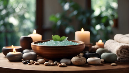 Beautiful spa composition on table in wellness center white background