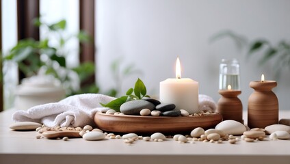 Beautiful spa composition on table in wellness center white background