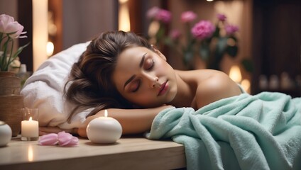 Obraz na płótnie Canvas Beautiful young woman sleep in spa salon