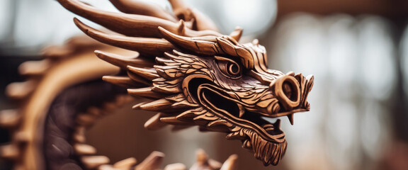 Year of the dragon. Wooden dragon head sculpture with intricate detailing, showcasing scales and...