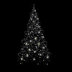 Christmas tree. Vector isolated image of a graphic fir tree made of bright glowing stars. Shiny spruce