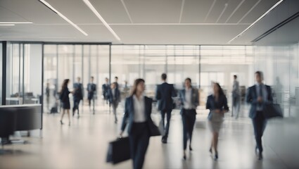 Blurred group of busy business people moving through a corporate office space