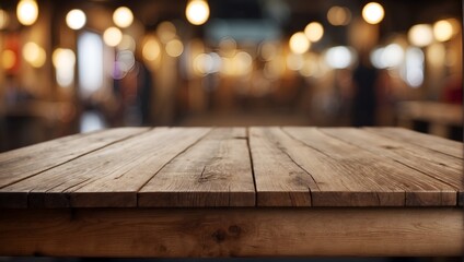 Empty wooden table on defocused blurred market background.