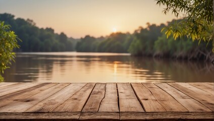 Empty wooden table on defocused blurred nile river background.