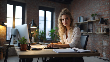 Look at camera or Young female freelancer working in loft office