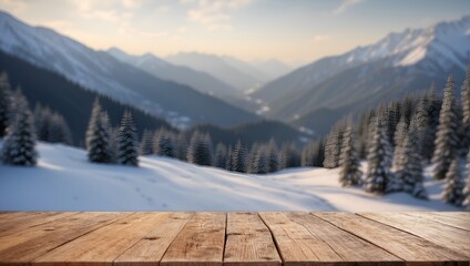 Empty wooden table on defocused blurred snow mountain background.